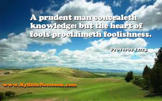 Proverbs 12:23 A prudent man concealeth knowledge: but the heart of fools proclaimeth foolishness. Create your own Bible Verse Cards at MyBibleNotebook.com