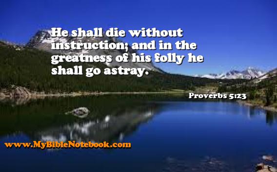 Proverbs 5:23 He shall die without instruction; and in the greatness of his folly he shall go astray. Create your own Bible Verse Cards at MyBibleNotebook.com