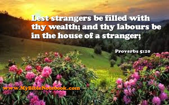 Proverbs 5:10 Lest strangers be filled with thy wealth; and thy labours be in the house of a stranger; Create your own Bible Verse Cards at MyBibleNotebook.com