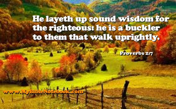 Proverbs 2:7 He layeth up sound wisdom for the righteous: he is a buckler to them that walk uprightly. Create your own Bible Verse Cards at MyBibleNotebook.com