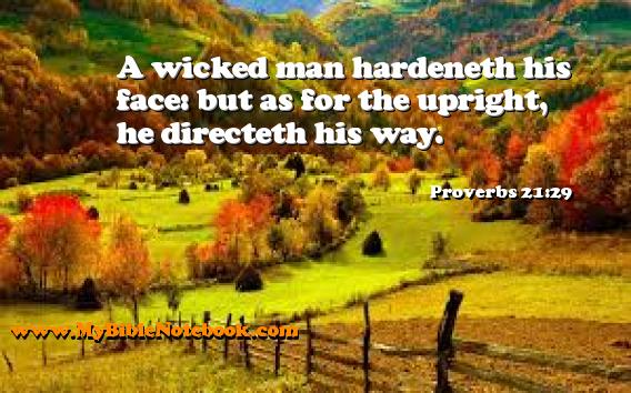 Proverbs 21:29 A wicked man hardeneth his face: but as for the upright, he directeth his way. Create your own Bible Verse Cards at MyBibleNotebook.com