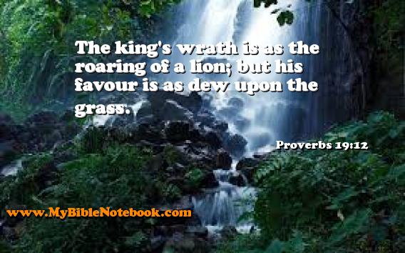 Proverbs 19:12 The king's wrath is as the roaring of a lion; but his favour is as dew upon the grass. Create your own Bible Verse Cards at MyBibleNotebook.com