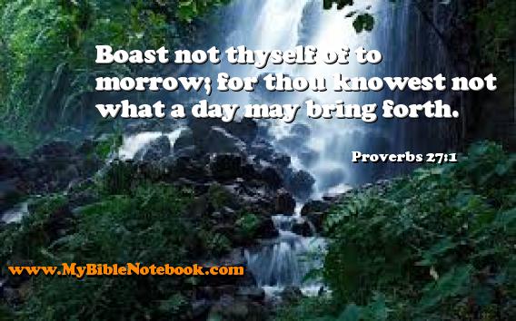 Proverbs 27:1 Boast not thyself of to morrow; for thou knowest not what a day may bring forth. Create your own Bible Verse Cards at MyBibleNotebook.com