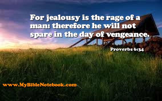 Proverbs 6:34 For jealousy is the rage of a man: therefore he will not spare in the day of vengeance. Create your own Bible Verse Cards at MyBibleNotebook.com