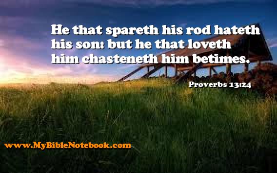 Proverbs 13:24 He that spareth his rod hateth his son: but he that loveth him chasteneth him betimes. Create your own Bible Verse Cards at MyBibleNotebook.com