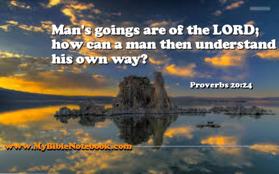 Proverbs 20:24 Man's goings are of the LORD; how can a man then understand his own way? Create your own Bible Verse Cards at MyBibleNotebook.com