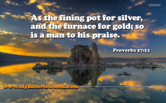 Proverbs 27:21 As the fining pot for silver, and the furnace for gold; so is a man to his praise. Create your own Bible Verse Cards at MyBibleNotebook.com