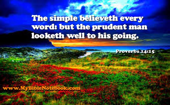 Proverbs 14:15 The simple believeth every word: but the prudent man looketh well to his going. Create your own Bible Verse Cards at MyBibleNotebook.com